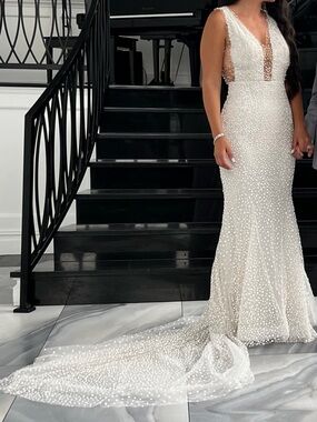 Stunning Pronovias White Beaded Deep V Wedding Gown